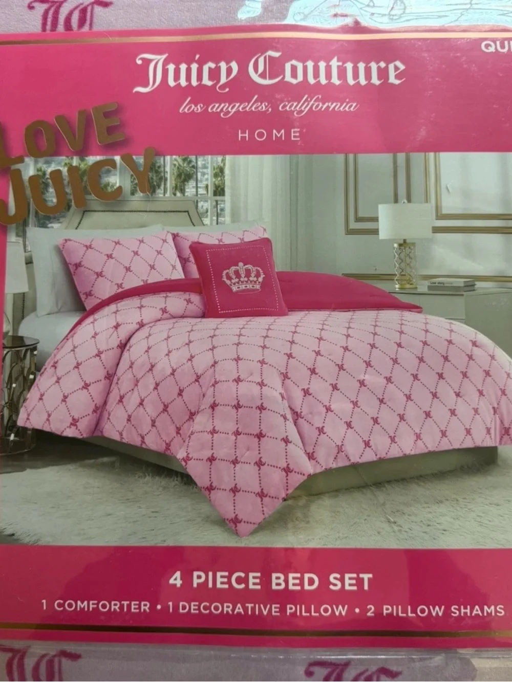 Juicy Couture Pink Crown Diamond Comforter 4 pc Bed Set Full Queen